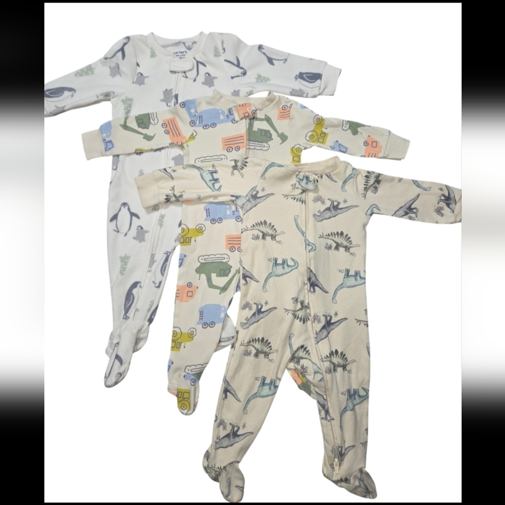 Carter's Infant 3pc: Dino, Construction Vehicle, & Penguin Print PJ Footies EUC
